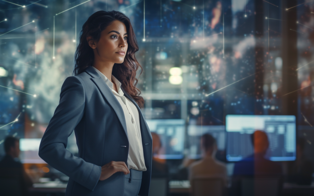 Leading through the era of AI hype - a female leader looks to the future with a technology team working in the background